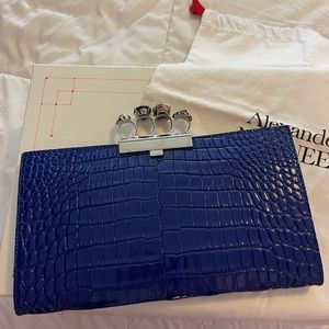 Alexander McQueen Skull Four Ring Flat Pouch New Stamp Croc in Lapis Blue